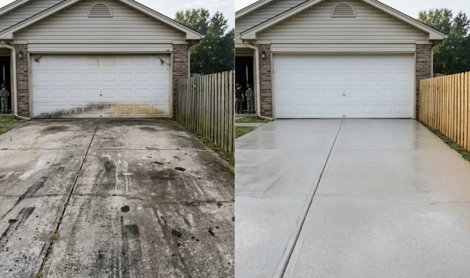 Garage driveway before with oil stains, after clean