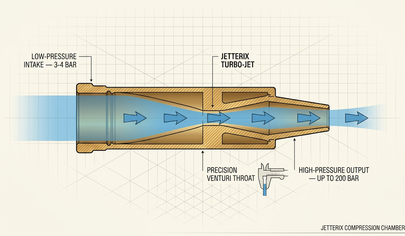 Diagram of the Jetterix Halo Nectar compression chamber — cross-section showing low-pressure intake, venturi throat and high-pressure output