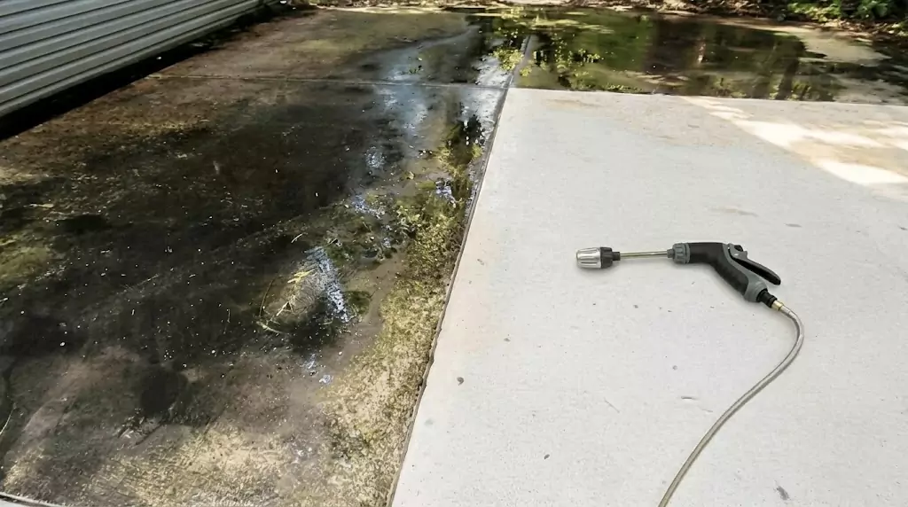 Jetterix Halo Nectar test on a narrow concrete strip with years of algae buildup — clear cleaned line through the dirty area